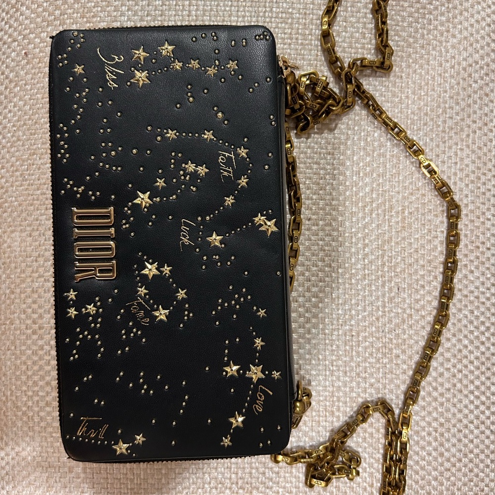 Dior Black Leather Star-Studded Chain Shoulder Bag with Gold Hardware
